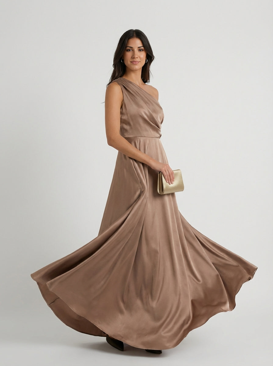 Women's Long Champagne Satin One Shoulder Sleeveless Maxi Dress Ruched