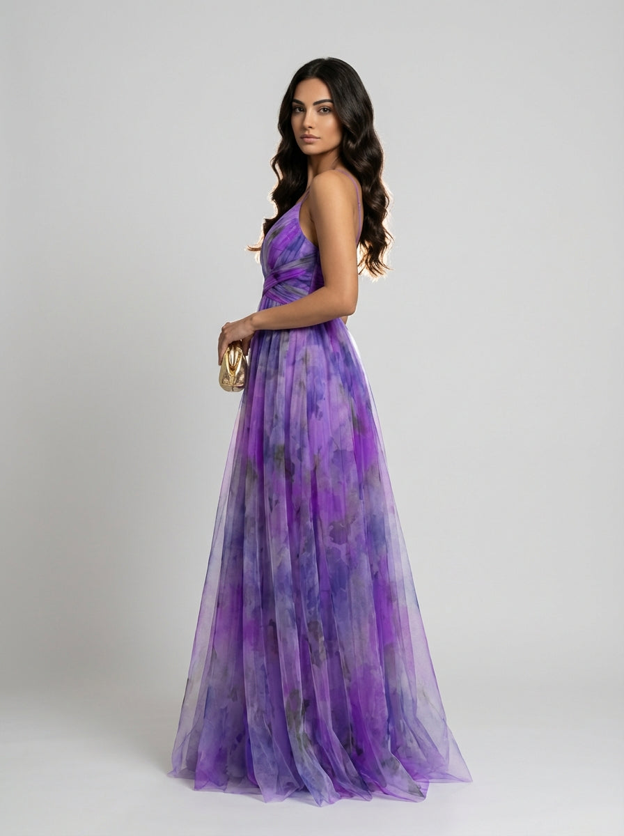 Women's Multicolor Floral Print Pleated Chiffon Sleeveless V-Neck Maxi Dress