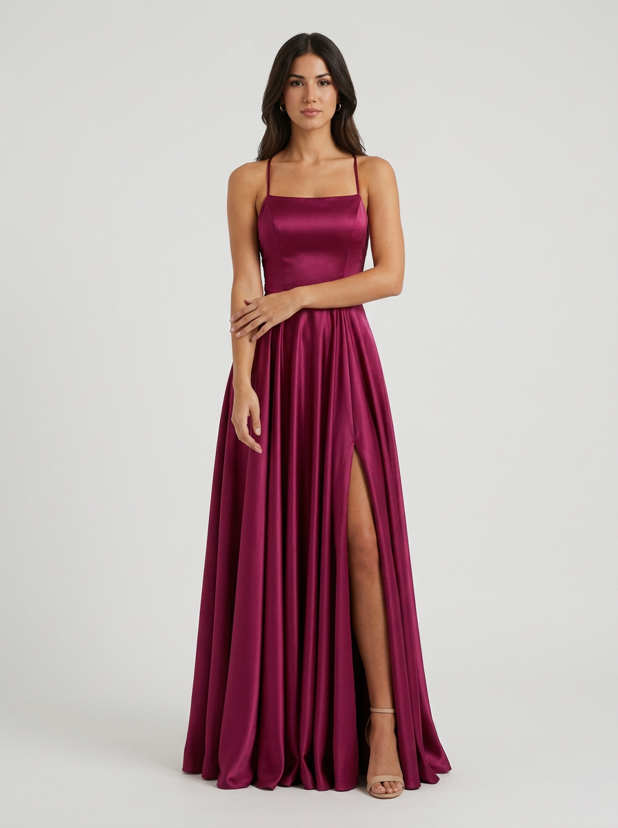 Women's Satin Finish Maxi Gown with Thigh Split and Sleeveless Cut