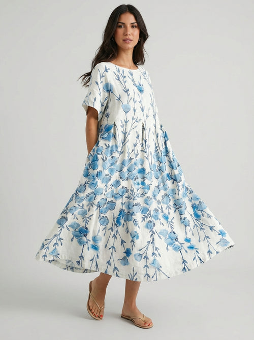 Women's Floral Print Cotton Short Sleeve Round Neck Maxi Dress