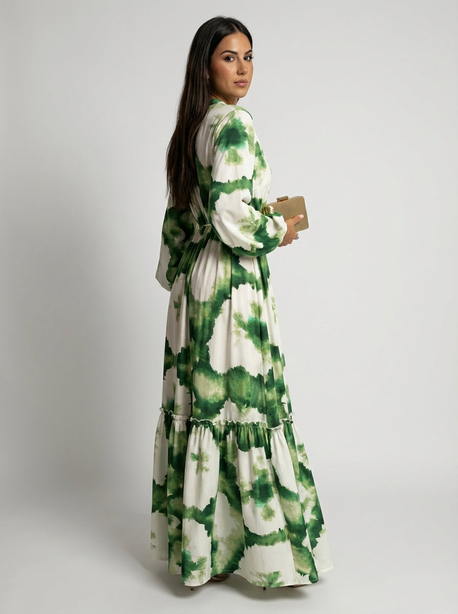 Women's Green Abstract Print Cotton Long Sleeve Tiered Maxi Dress