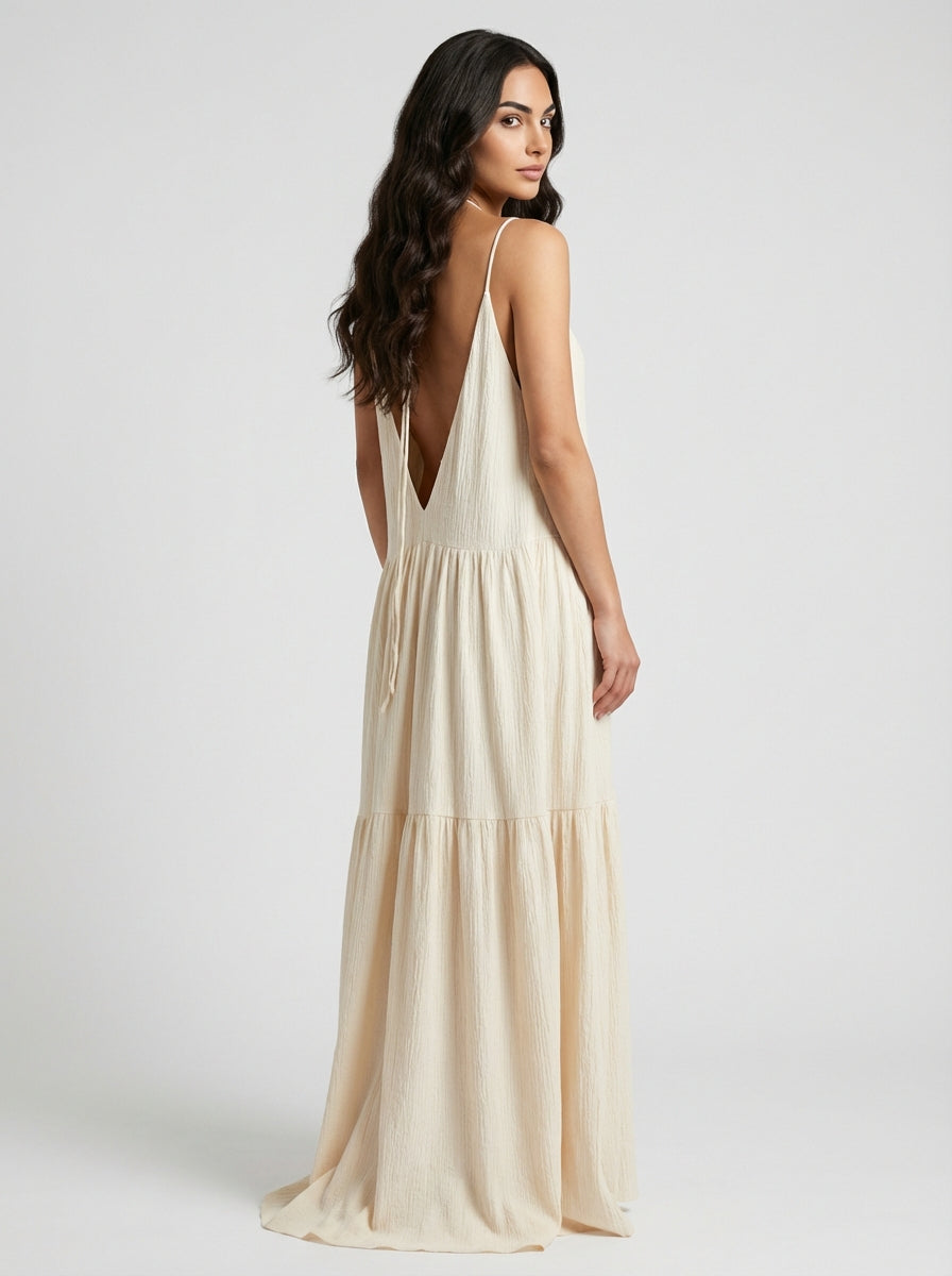 Women's Cream Ivory Textured Sleeveless Deep V-Neck Tiered Maxi Dress Backless Gown