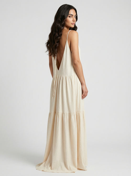 Women's Cream Ivory Textured Sleeveless Deep V-Neck Tiered Maxi Dress Backless Gown