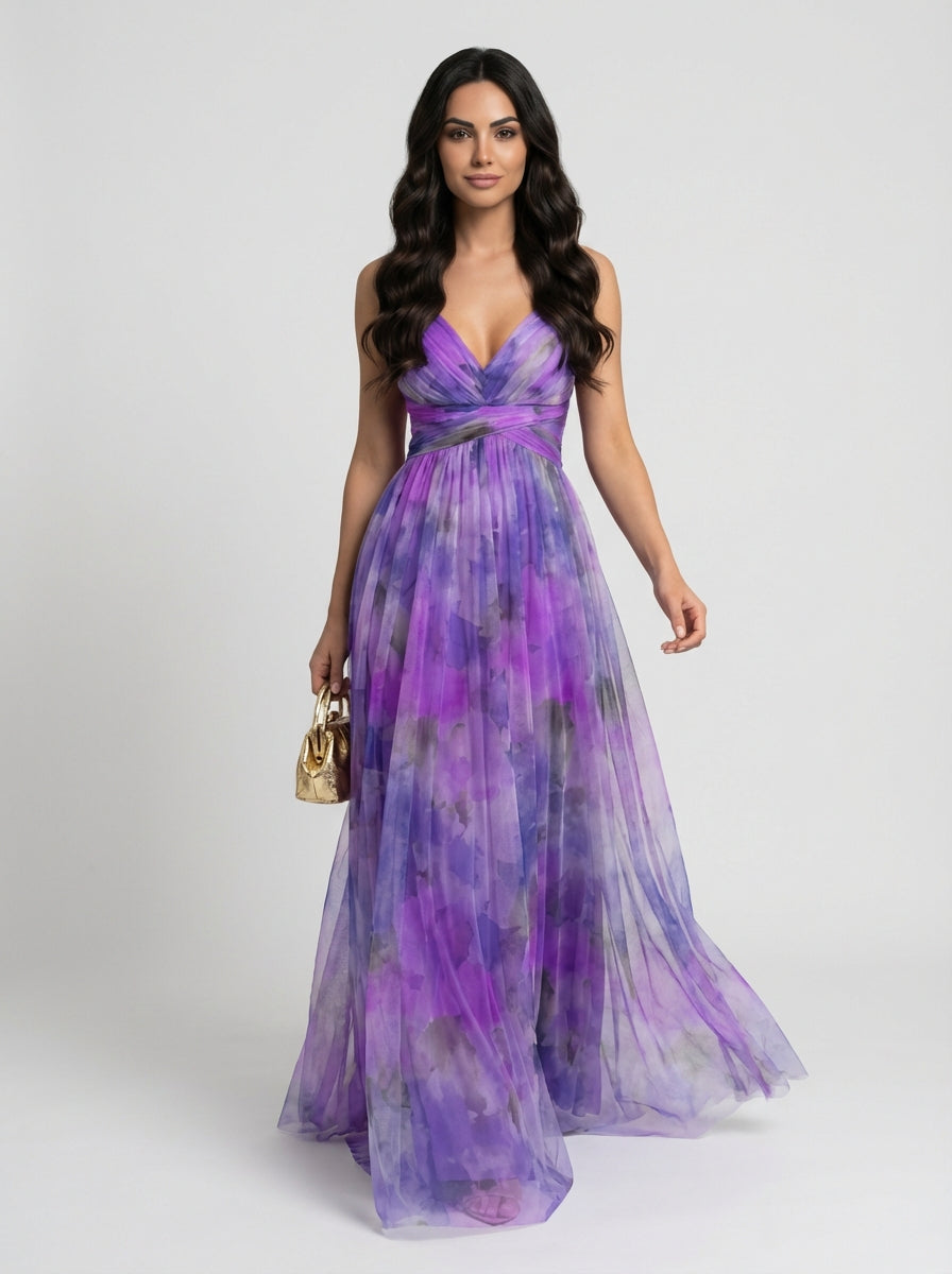 Women's Multicolor Floral Print Pleated Chiffon Sleeveless V-Neck Maxi Dress