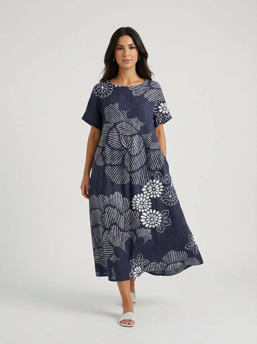 Women's Floral Print Cotton Short Sleeve Round Neck Maxi Dress