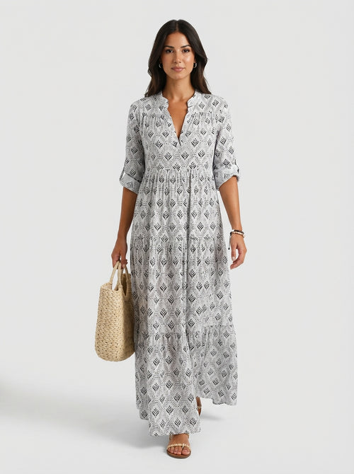 Women's All Over Print Long Sleeve Floral V Neck Tiered Maxi Dress