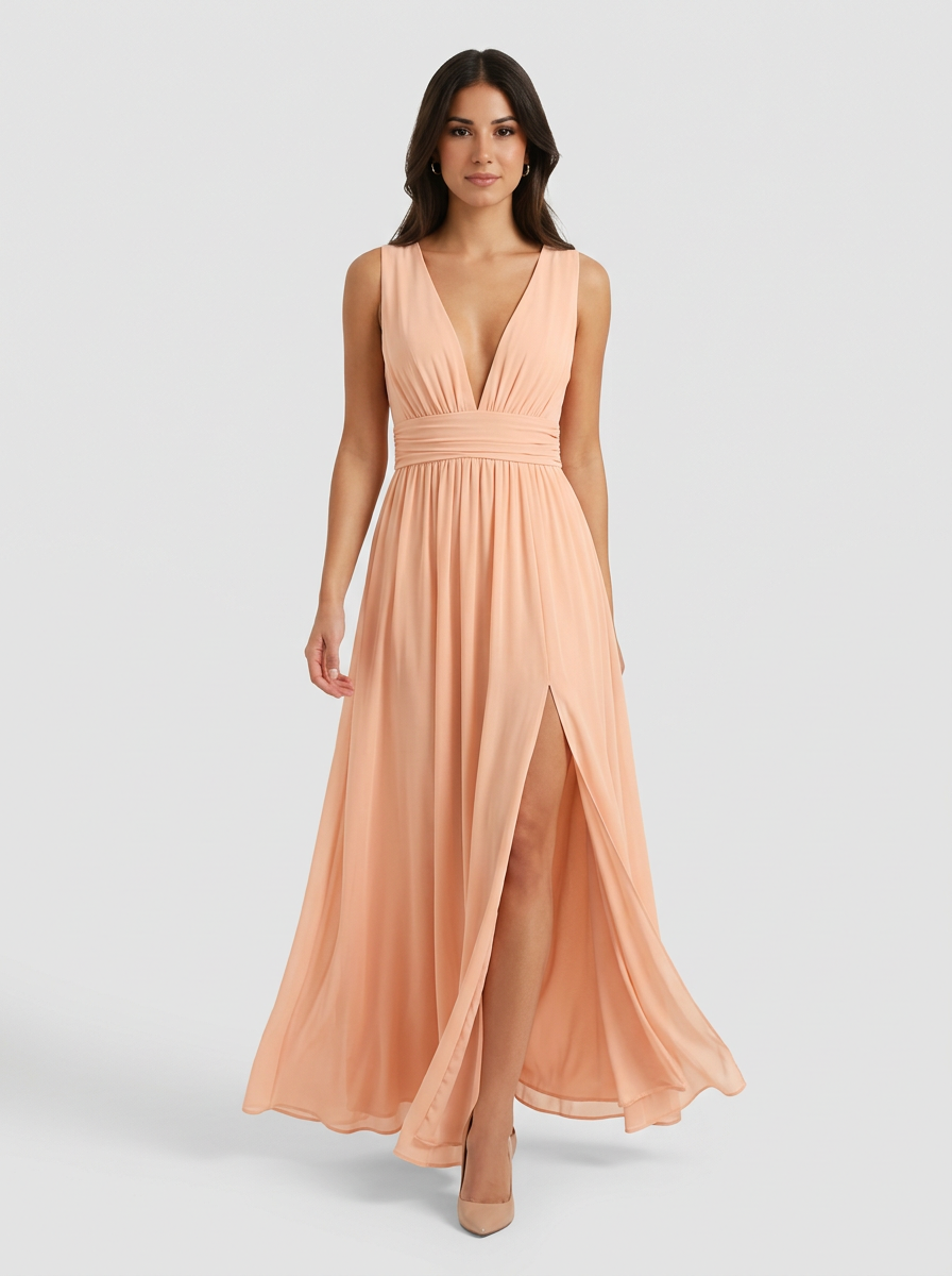 Women's Lightweight Sheer Fabric Maxi Dress with Thigh Split and Sleeveless Cut