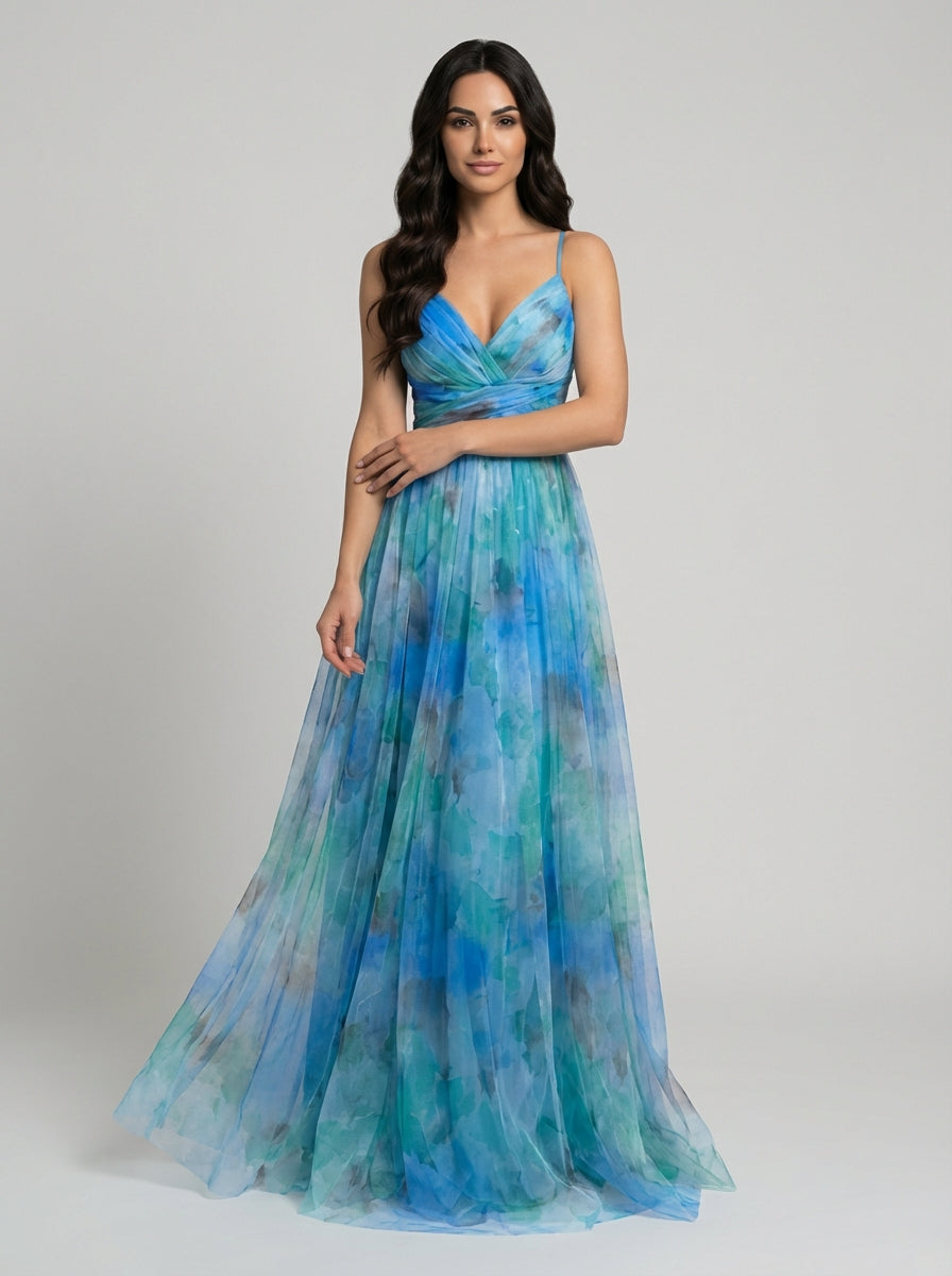 Women's Multicolor Floral Print Pleated Chiffon Sleeveless V-Neck Maxi Dress