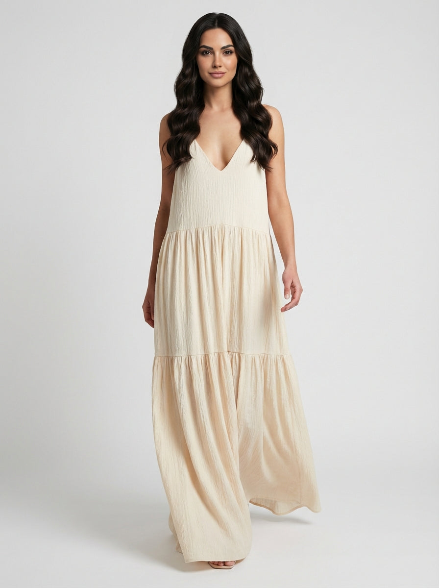 Women's Cream Ivory Textured Sleeveless Deep V-Neck Tiered Maxi Dress Backless Gown