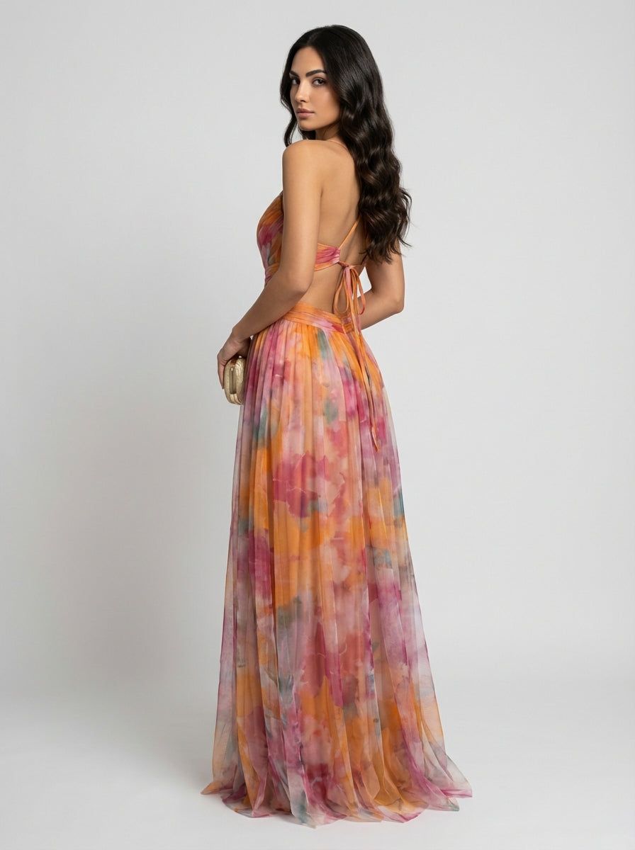 Women's Multicolor Floral Print Pleated Chiffon Sleeveless V-Neck Maxi Dress