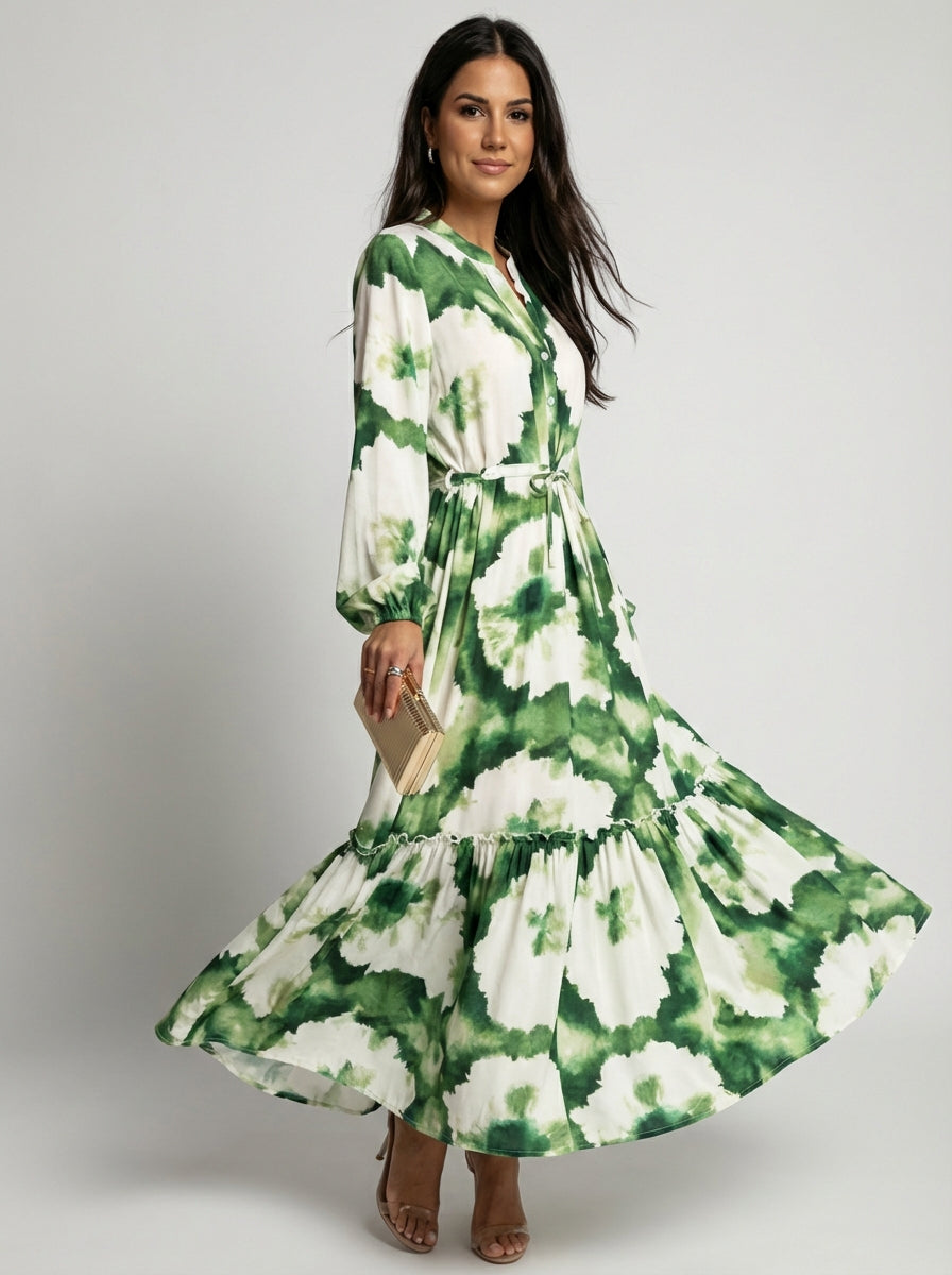 Women's Green Abstract Print Cotton Long Sleeve Tiered Maxi Dress