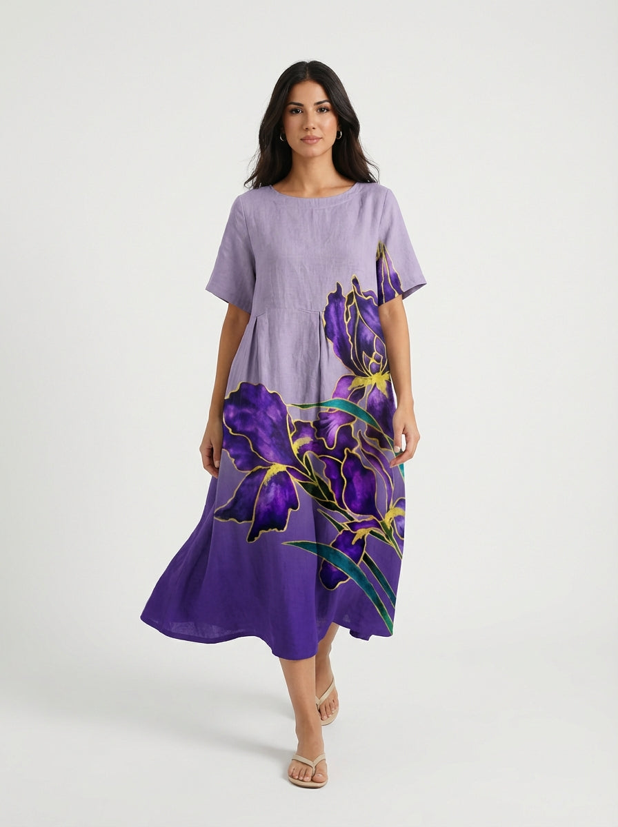 Women's Floral Print Cotton Short Sleeve Round Neck Maxi Dress