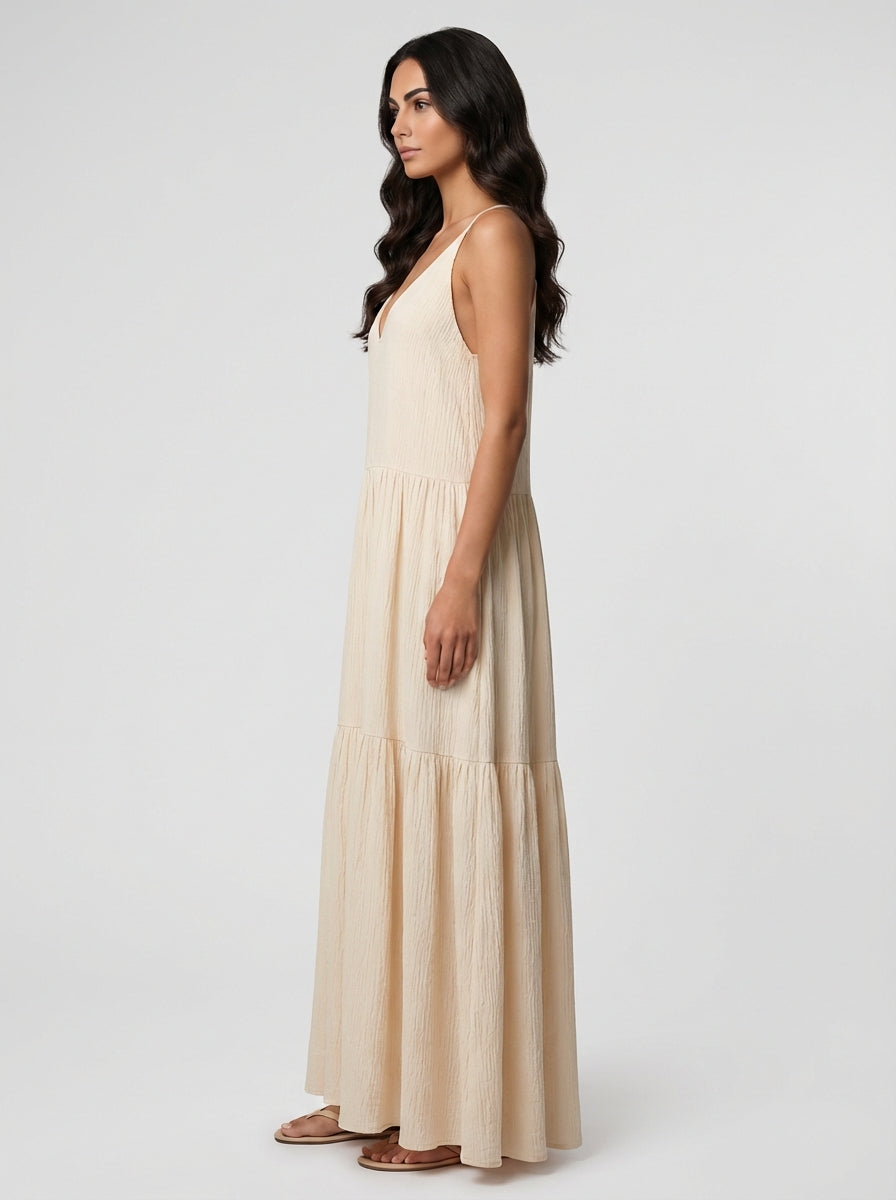 Women's Cream Ivory Textured Sleeveless Deep V-Neck Tiered Maxi Dress Backless Gown