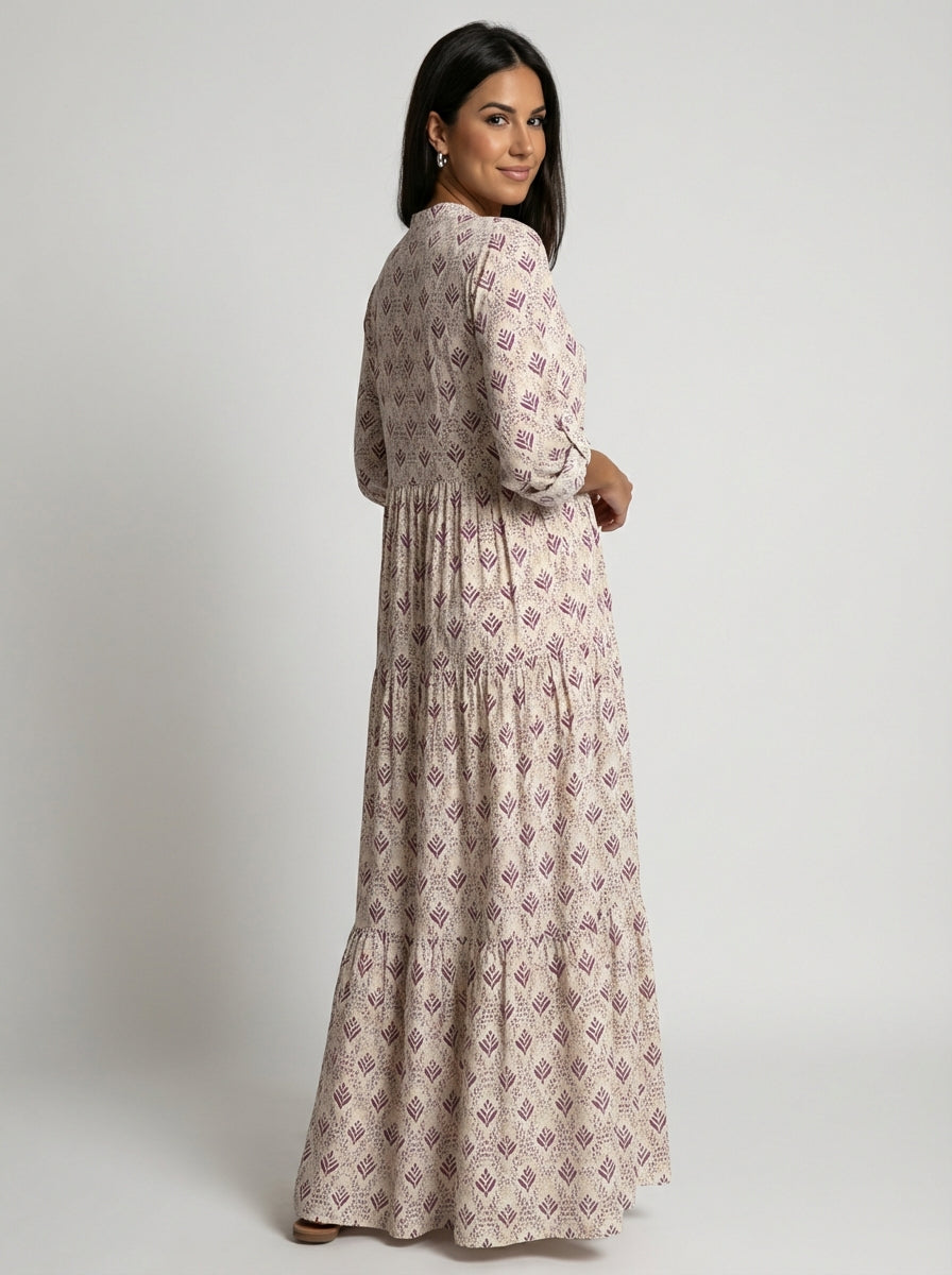 Women's All Over Print Long Sleeve Floral V Neck Tiered Maxi Dress