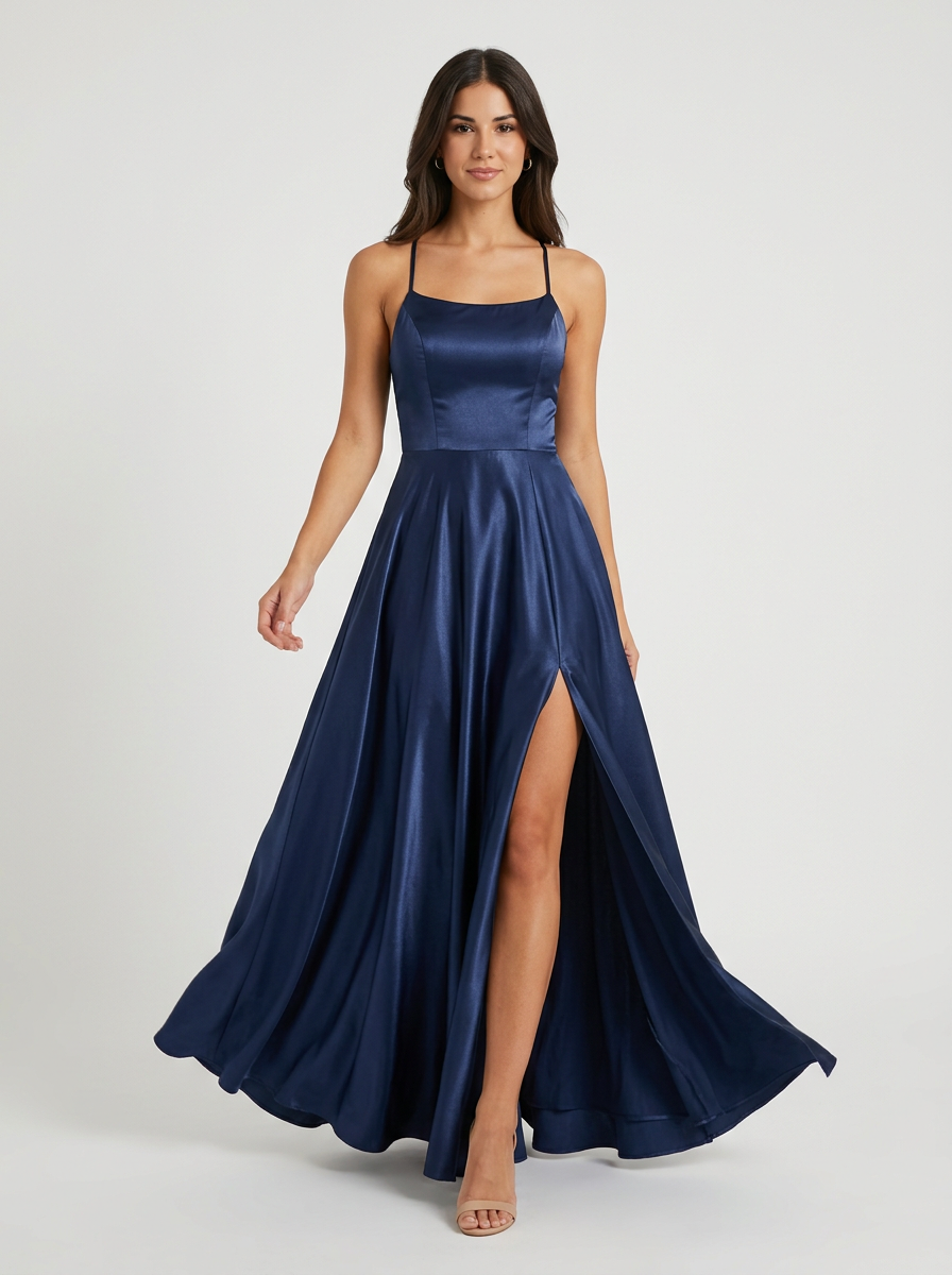 Women's Satin Finish Maxi Gown with Thigh Split and Sleeveless Cut