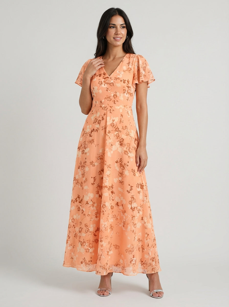 Women's All Over Floral Print Short Sleeve V Neck A Lined Silhouette Tiered Maxi Dress