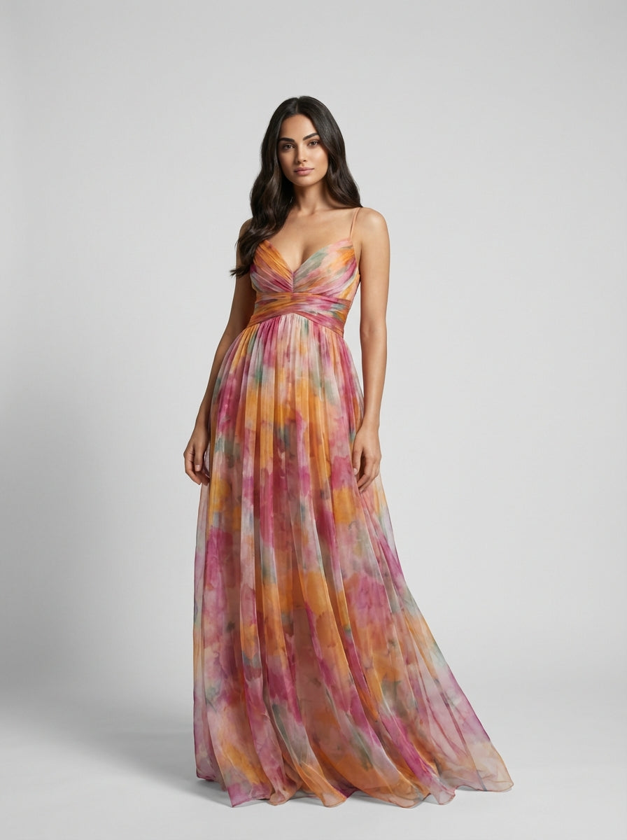 Women's Multicolor Floral Print Pleated Chiffon Sleeveless V-Neck Maxi Dress