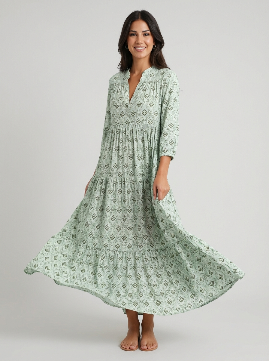 Women's All Over Print Long Sleeve Floral V Neck Tiered Maxi Dress