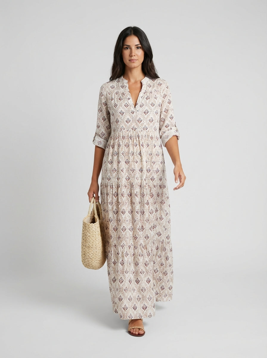 Women's All Over Print Long Sleeve Floral V Neck Tiered Maxi Dress