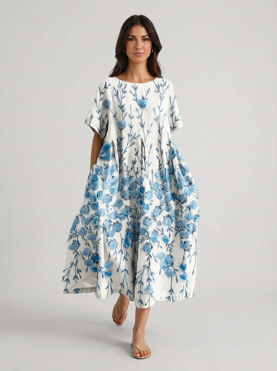 Women's Floral Print Cotton Short Sleeve Round Neck Maxi Dress