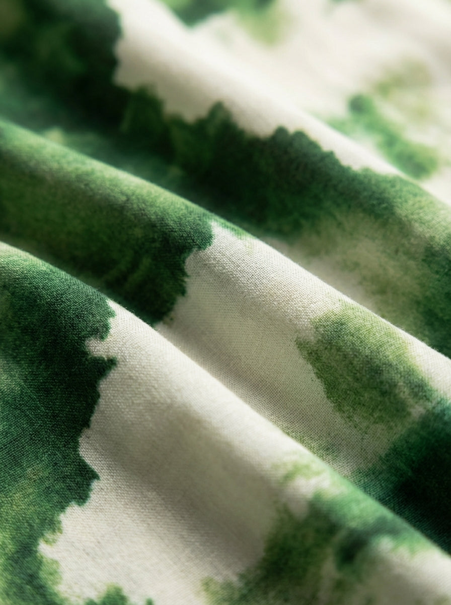 Women's Green Abstract Print Cotton Long Sleeve Tiered Maxi Dress