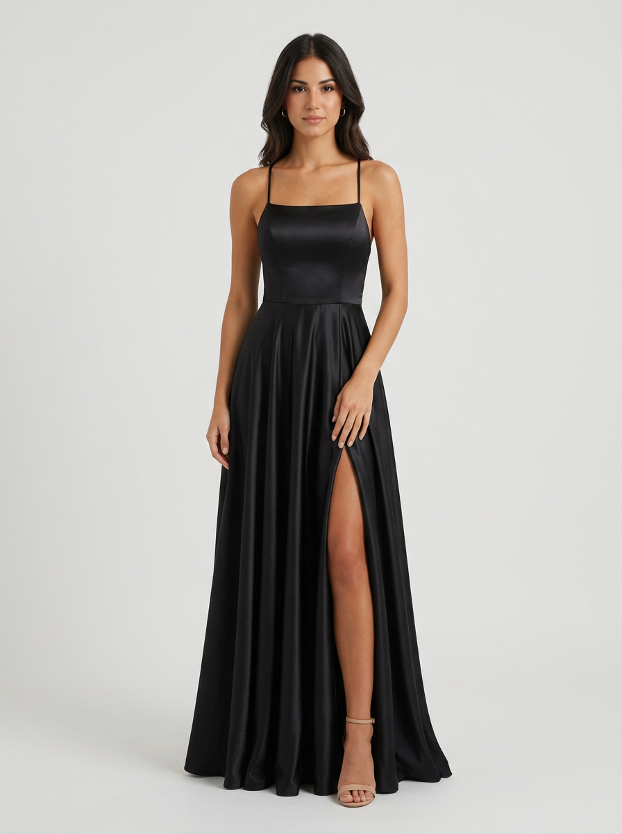 Women's Satin Finish Maxi Gown with Thigh Split and Sleeveless Cut