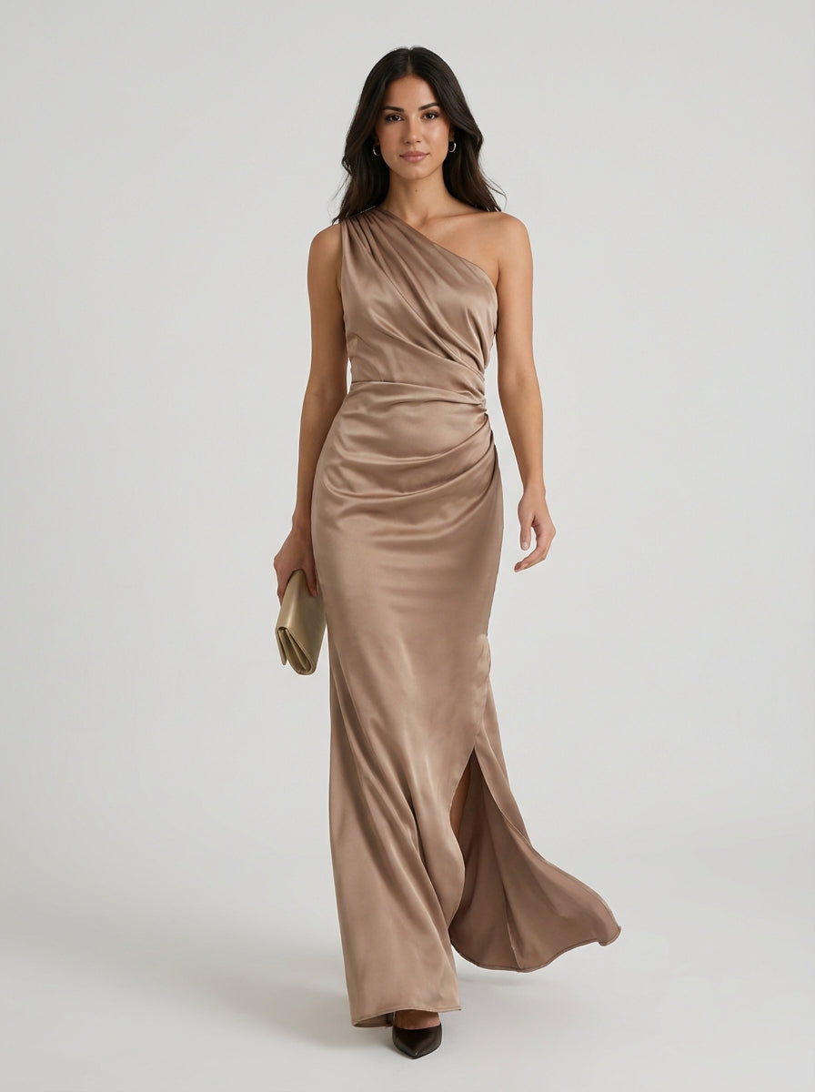 Women's Long Champagne Satin One Shoulder Sleeveless Maxi Dress Ruched