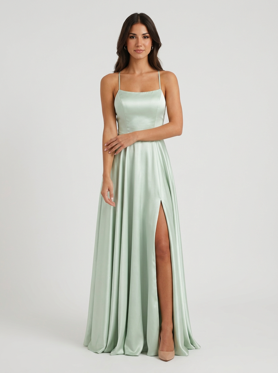 Women's Satin Finish Maxi Gown with Thigh Split and Sleeveless Cut