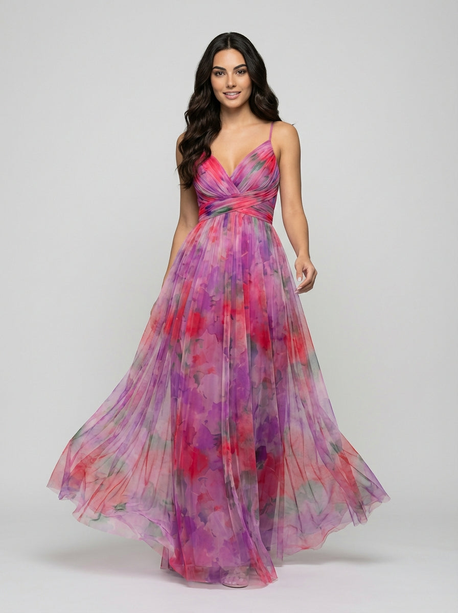 Women's Multicolor Floral Print Pleated Chiffon Sleeveless V-Neck Maxi Dress