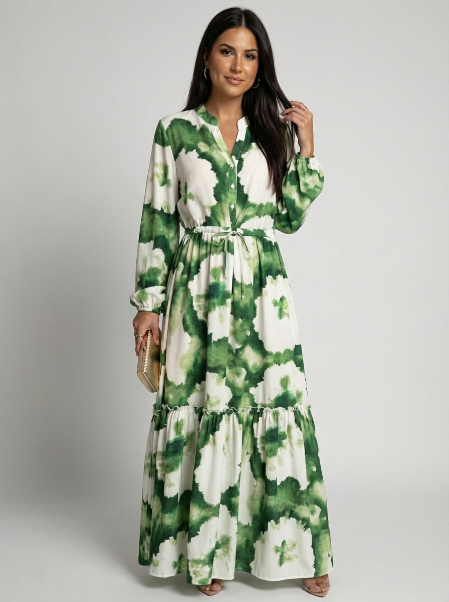Women's Green Abstract Print Cotton Long Sleeve Tiered Maxi Dress