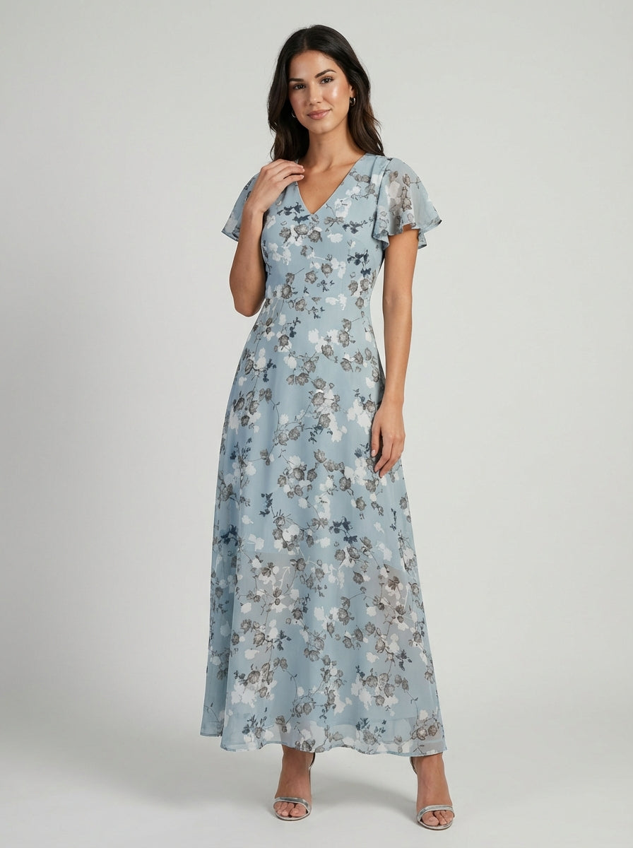 Women's All Over Floral Print Short Sleeve V Neck A Lined Silhouette Tiered Maxi Dress