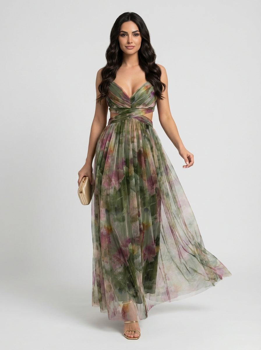 Women's Multicolor Floral Print Pleated Chiffon Sleeveless V-Neck Maxi Dress