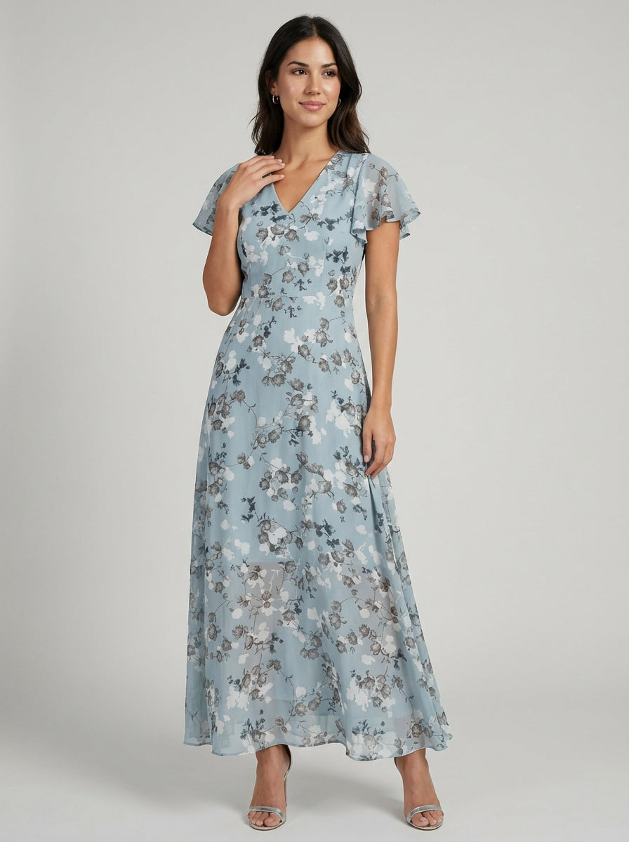 Women's All Over Floral Print Short Sleeve V Neck A Lined Silhouette Tiered Maxi Dress