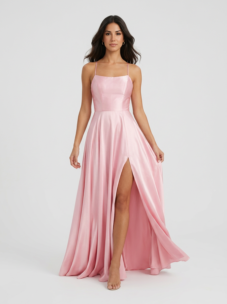 Women's Satin Finish Maxi Gown with Thigh Split and Sleeveless Cut